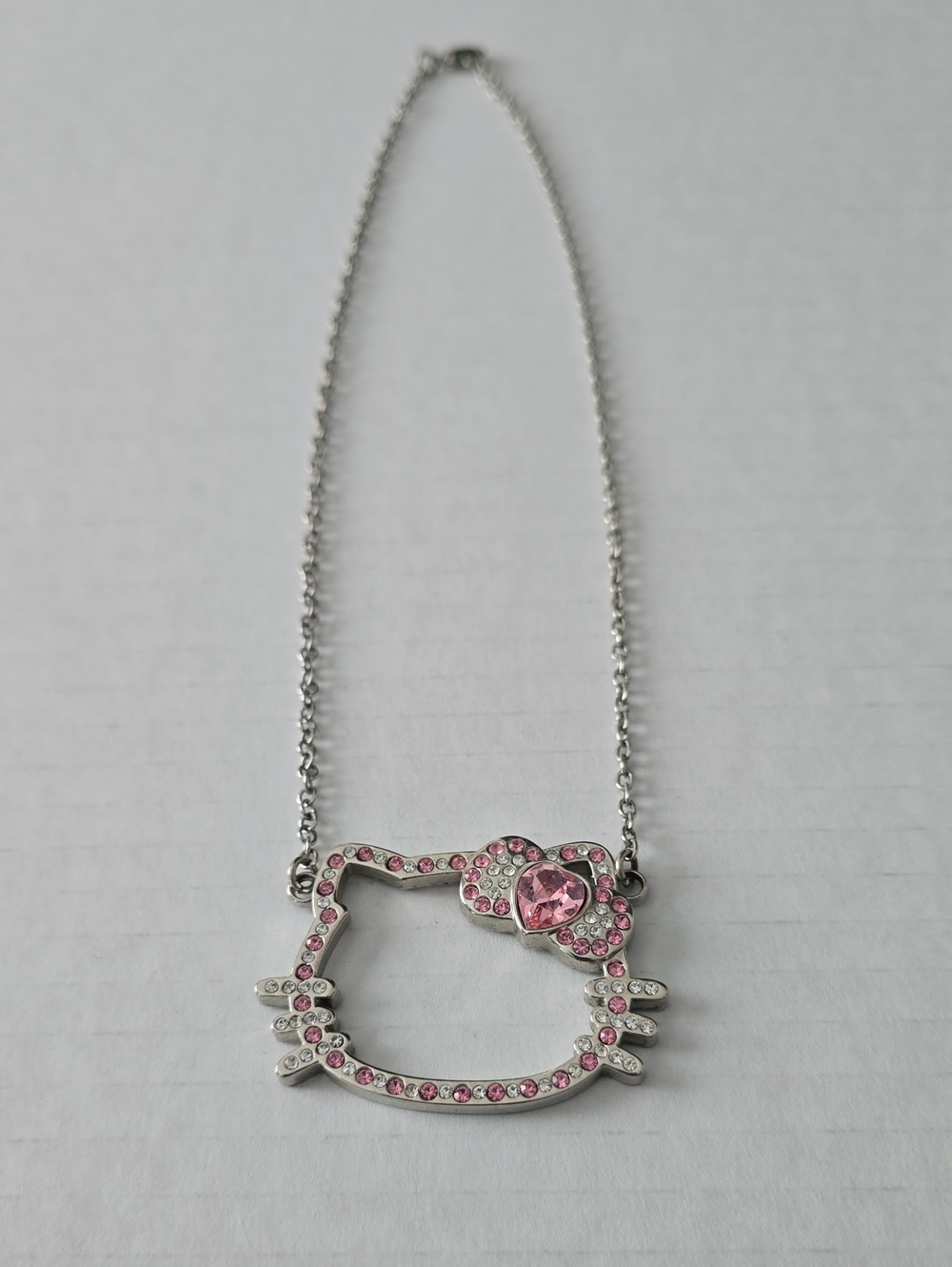 Sanrio Hello Kitty Rhinestone Face Outline Pendant Necklace Pink Heart Bow